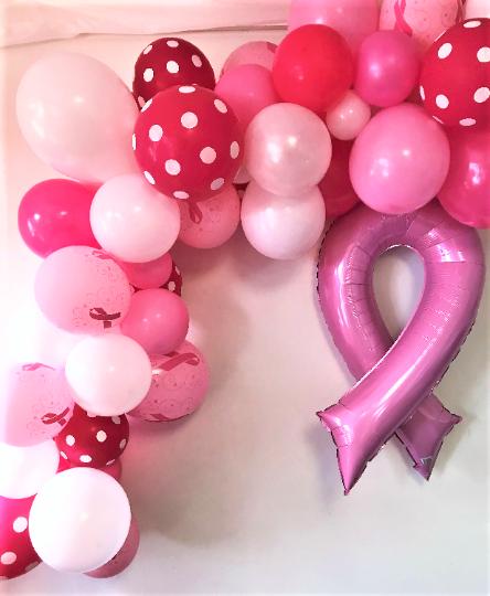 pink and white breast cancer awareness balloon garland with mylar balloon ribbon