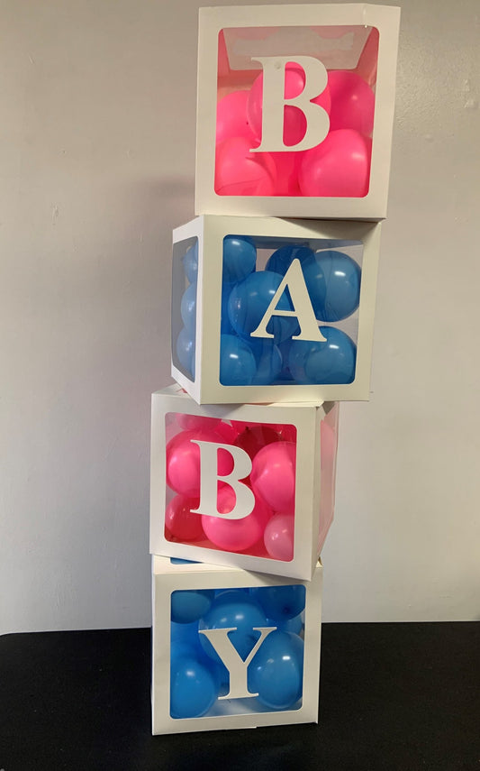 baby shower or gender reveal balloon boxes pink and blue balloons inside