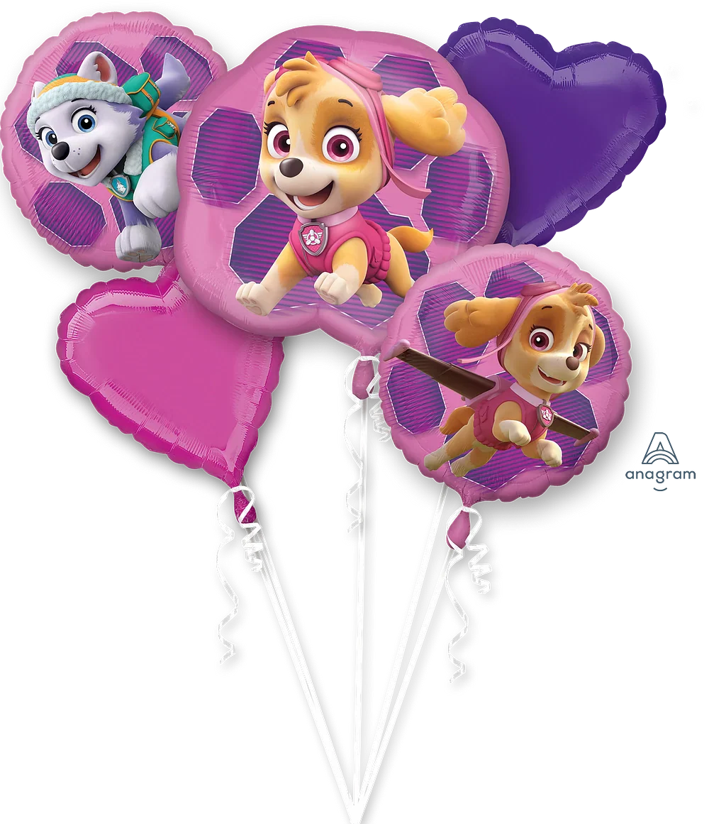 Set of four heart-shaped and foil balloons featuring Paw Patrol characters on a white background