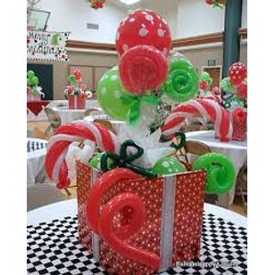 Christmas Decorated Gift box with balloon candy canes, balloon lollipops an assorted decorated Christmas themed balloons