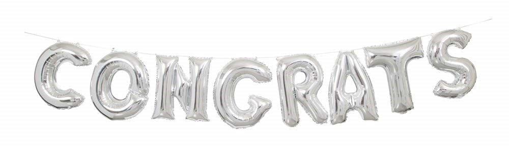 A silver-colored balloon banner made balloon letters that spell the word 'CONGRATS' .