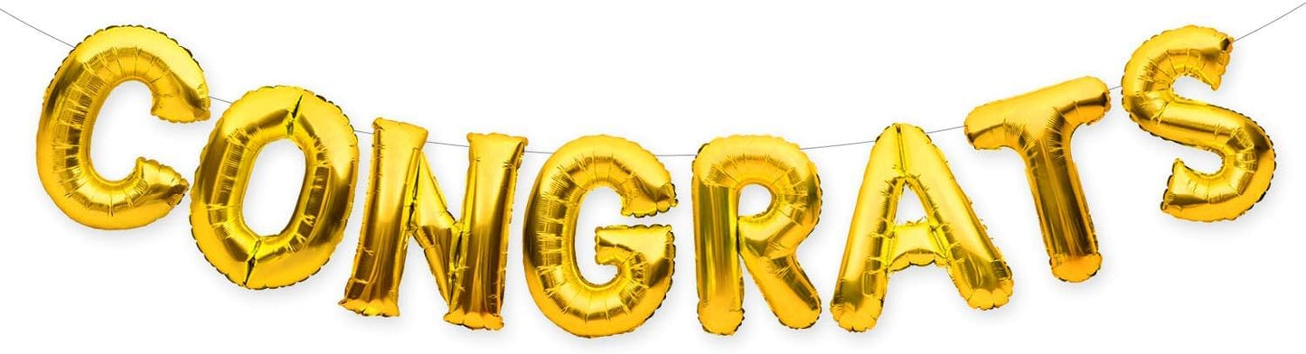 A gold-colored balloon banner made balloon letters that spell the word 'CONGRATS' .