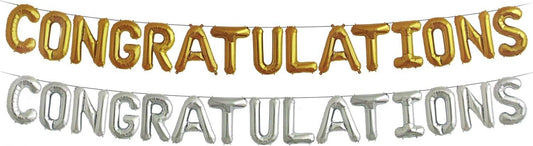 Gold and silver 'Congratulations' balloon banner made with silver and gold balloon letters banner.