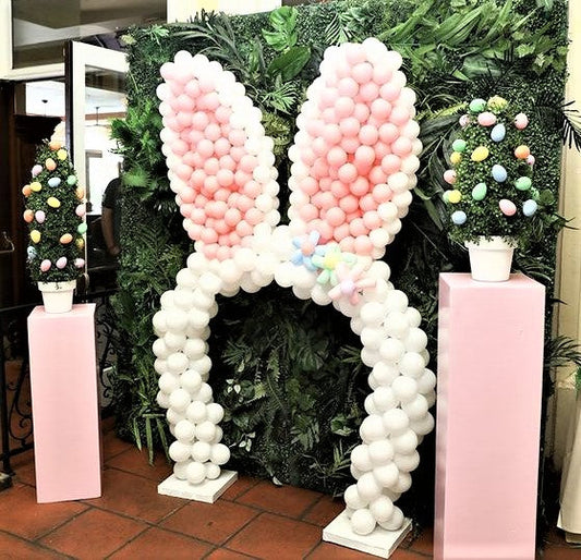 Balloon sculptured Easter bunny ears balloon arch white with pink ears