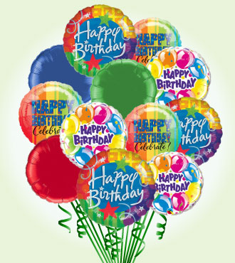 12 assorted Happy Birthday balloons and colorful solid colored mylar balloons made into a bunch