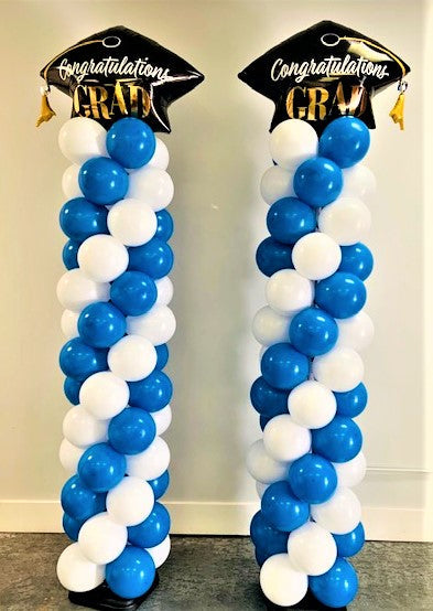 graduation balloon columns blue and white with graduation cap mylar balloon on top