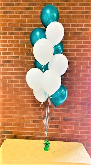 a helium balloon centerpiece consisting of 12 helium party balloons with ribbon and a weight to make a party balloon bouquet for a table top centerpiece