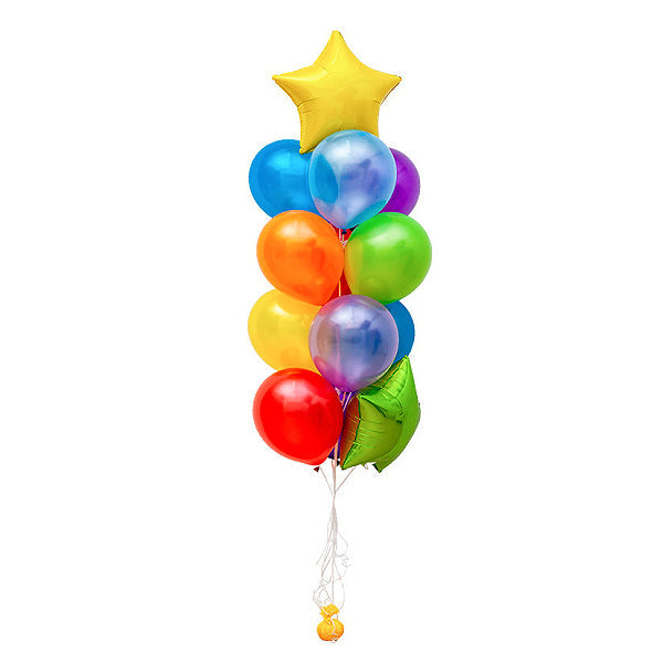 A helium balloon centerpiece featuring a star-shaped design with multiple colored balloons arranged in a bouquet tied to a weight.