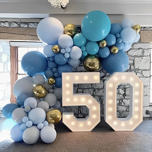 lighted marquee numbers with balloon arch garland