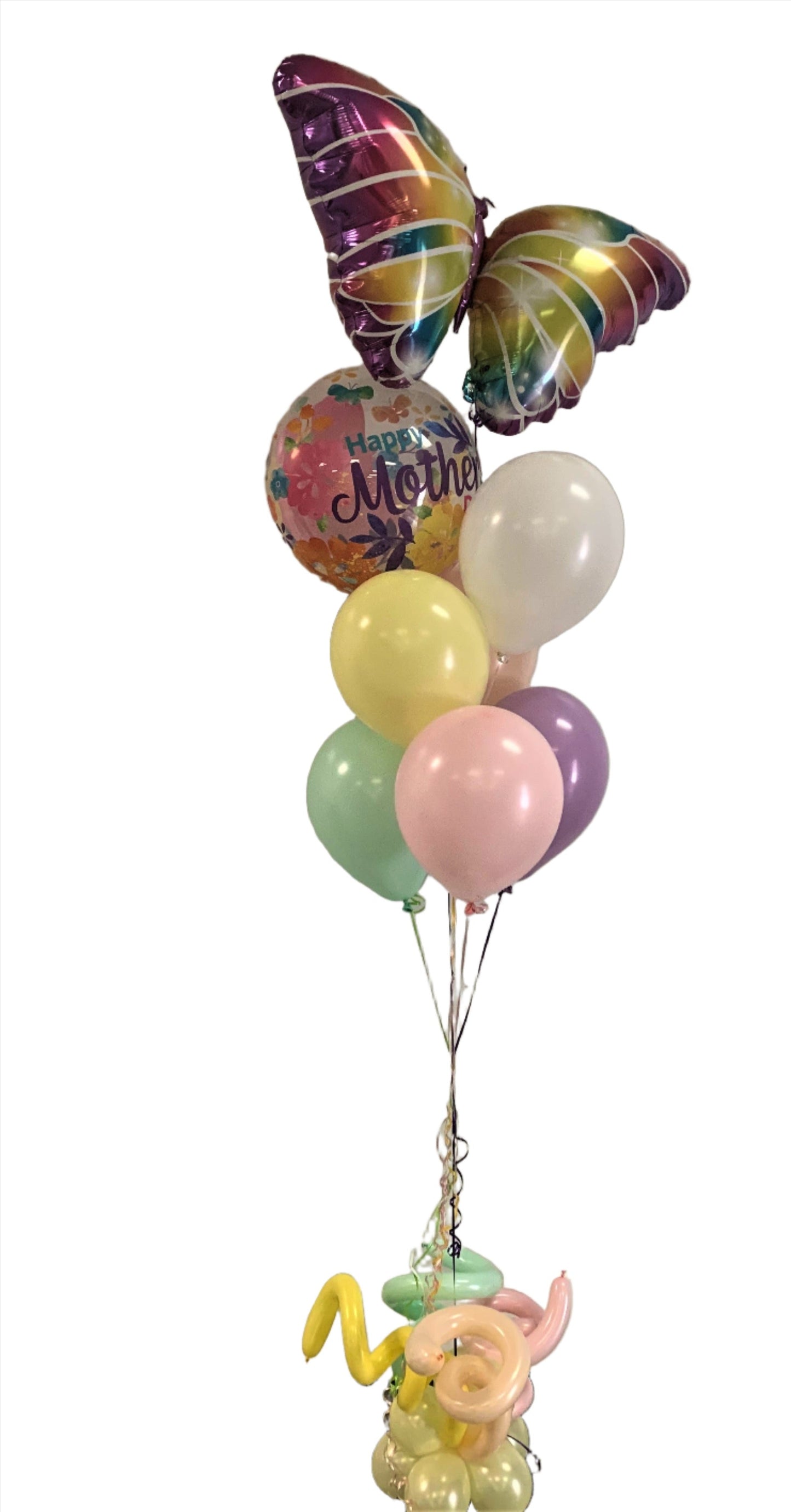 Mother's Day balloon bouquet featuring butterfly mylar balloon, mother's day bubble balloon and pastel helium filled latex balloons