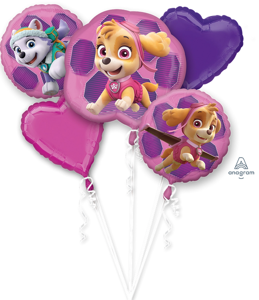 Set of four heart-shaped and foil balloons featuring Paw Patrol characters on a white background