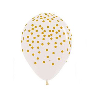 A clear latex balloon with gold confetti print pattern,