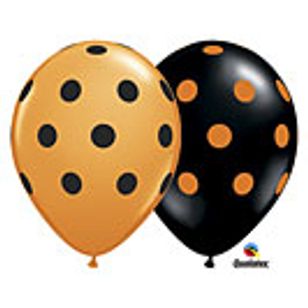 Two round latex balloons, one orange with black polka dots and the other black with orange polka dots