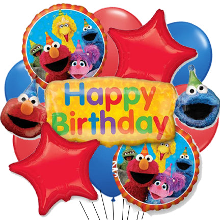 Sesame Street character balloons with happy birthday  balloons, star balloons and colorful latex balloons in a bouquet
