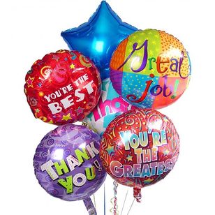 A balloon bouquet of multicolored thank you balloons with various messages printed on them, 